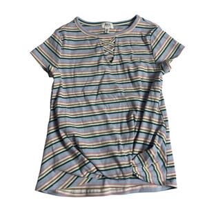 BKE Girls Top XS Multicolor Striped Short Sleeve Lattice Neck Casual Tee